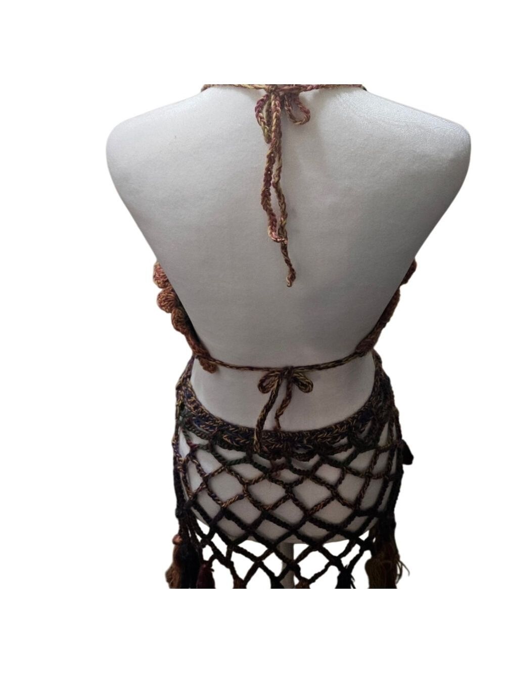 Handmade Crochet Swim Cover-up Fishnet Design Multicolor Rainbow Halter Crop-Top - Picture 7 of 17
